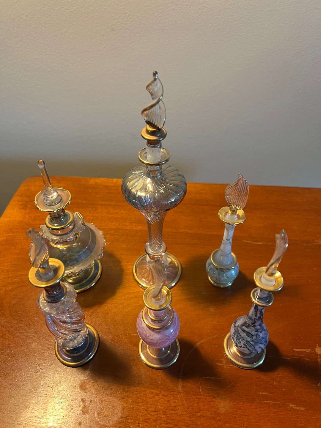 Vintage Perfume Bottle Collection of 6 Decanter, Gold Lined, Glass Art