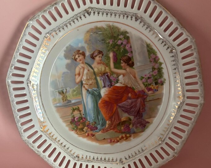 Vintage Porcelain Plate with Gold Trim Cut Out Plate By Carl Schumann Bavaria Greek Roman Mythology Scene Lover Antiques and Vintage