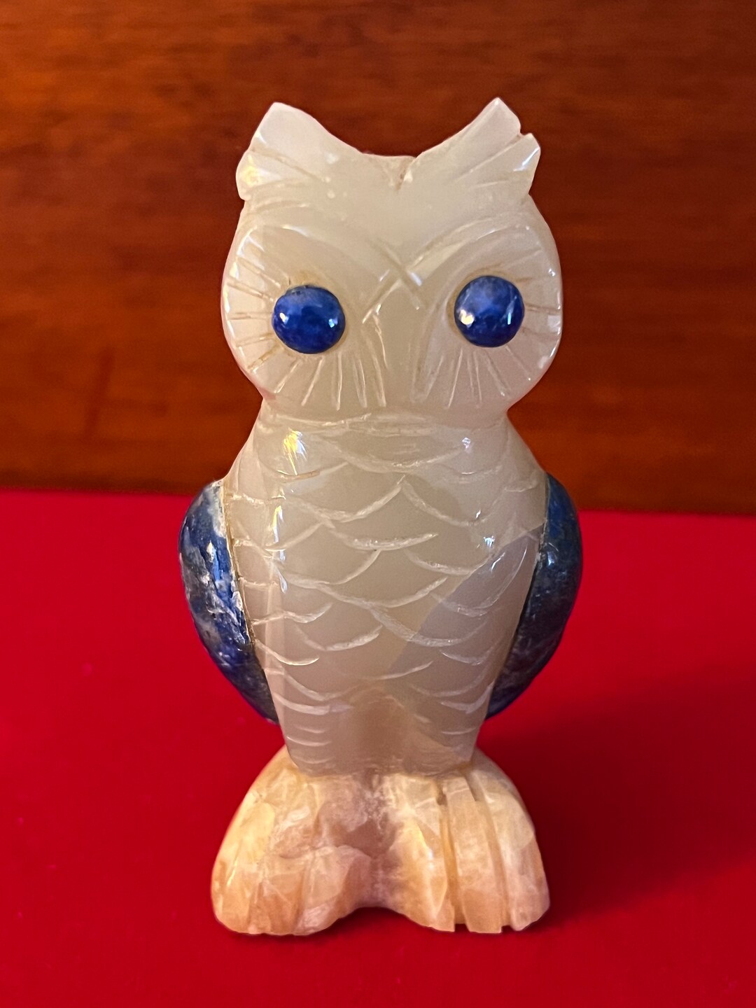 Vintage White Quartz Owl With Blue Eyes, Owl With Heart Quartz Base