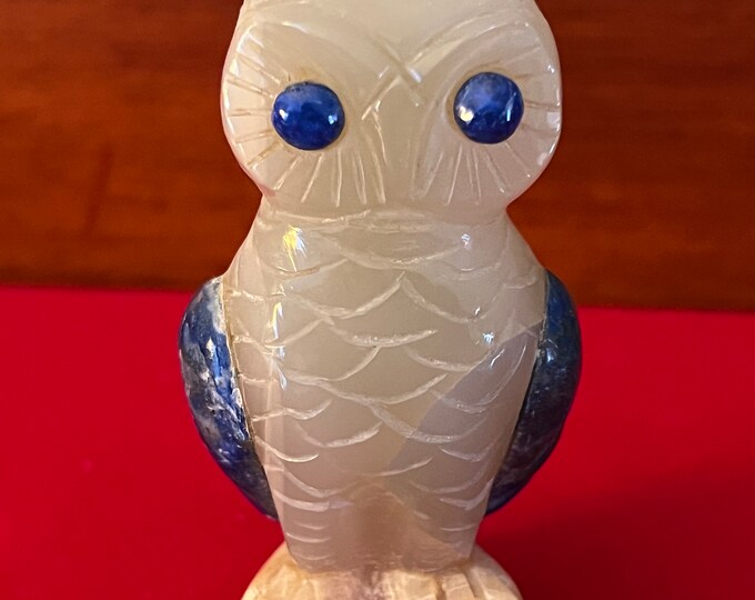 Vintage White Quartz Owl with Blue Eyes, Owl with Heart Quartz Base, Owl Stone Figurine, Unique Stone Carved Owl, Lover Antiques and Vintage