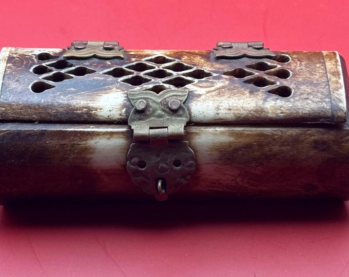 Vintage Camel Bone and Brass Trinket Box with Owl Hinges