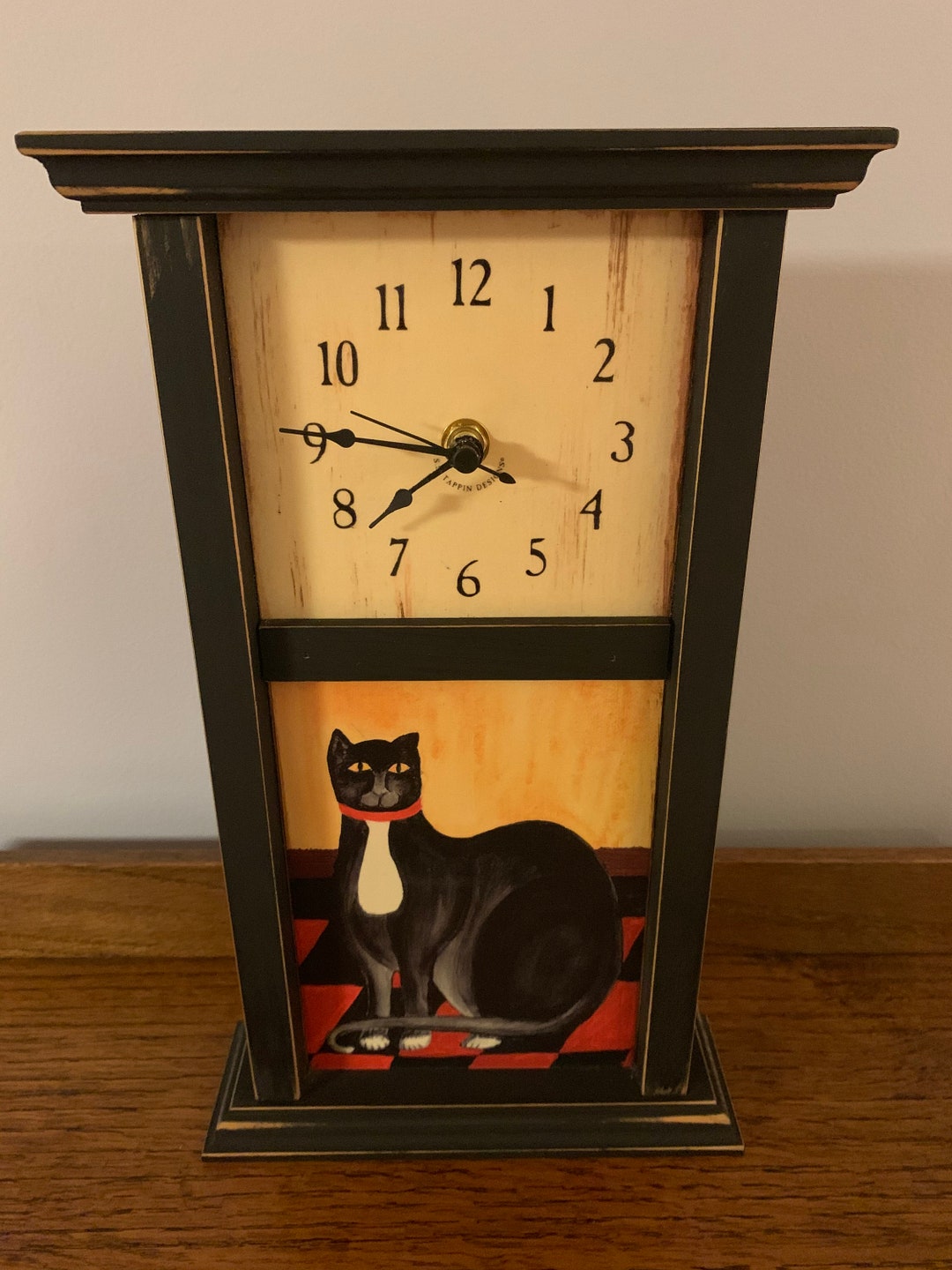 Vintage Cat Mantle Clock Primitive Style Black Wood Cat Lover Etsy