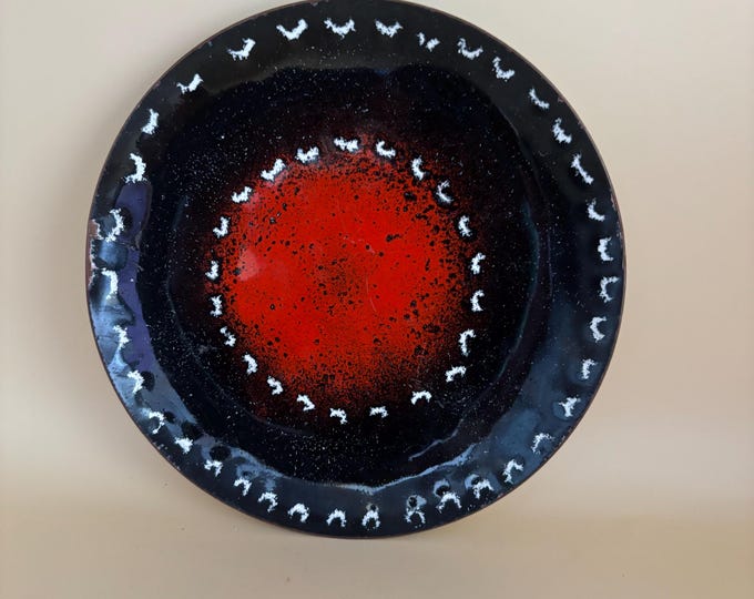 Vintage Black Brown Orange White Enamel Over Copper Dish Bovano Style Art Decorative Wall Art Hanging Lover Antiques and Vintage