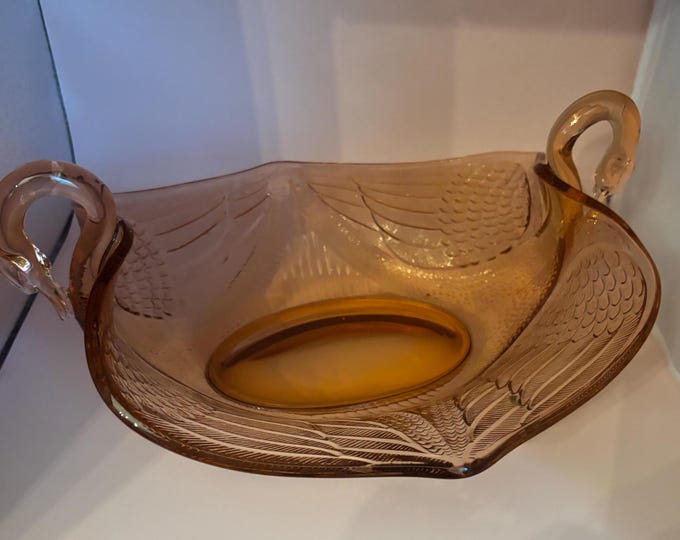 Vintage Fenton Peach Depression Glass Swan Platter Bowl Swan Handles & Feather Design Lover Antiques and Vintage