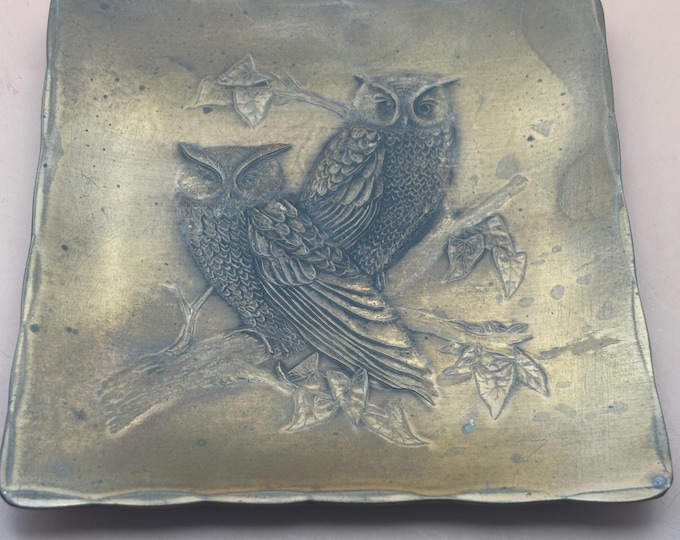 Hand Hammered Wendell August Bronze Two Owl Etched Trinket Dish, Grove City PA, Lover Antiques and Vintage
