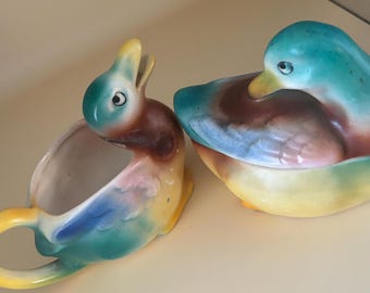 Vintage Czechoslovakia Pottery Mallard Duck Cream and Sugar Set