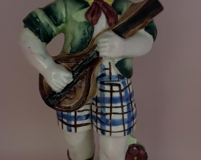 Vintage Boy with Banjo Porcelain Figurine Young Boy Strumming a Guitar Hand Painted Royal Japan Lover Antiques and Vintage