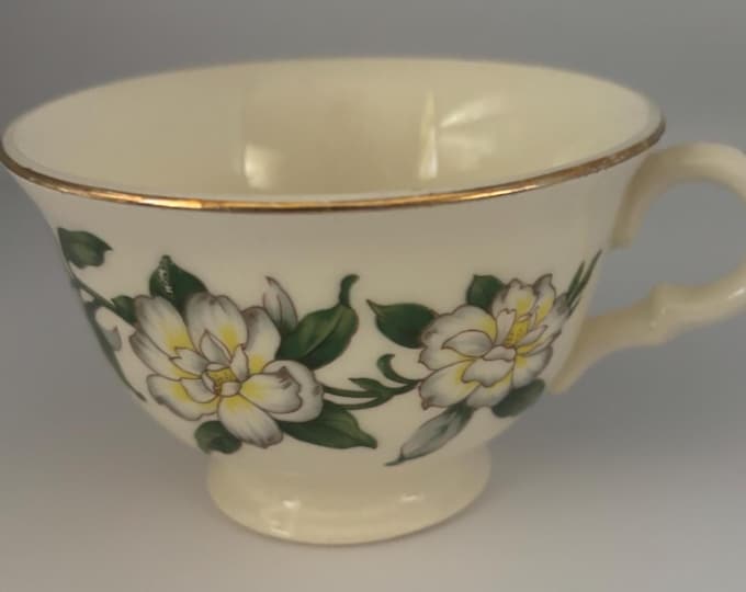 Homer Laughlin Eggshell Georgian Cotillion Teacup with Gold Trim, White Floral Magnolia Pattern