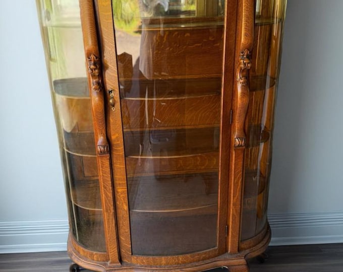 Antique Tiger Oak Library Bookcase, Victorian Carved With Paw Feet, Carved Pair of Lions, Front Glass Door Curio Cabinet Display Case