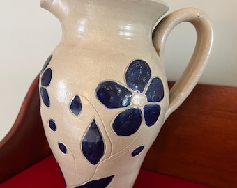 Vintage Williamsburg Pottery Pitcher with Cobalt Blue Flower Design Lover Antiques and Vintage