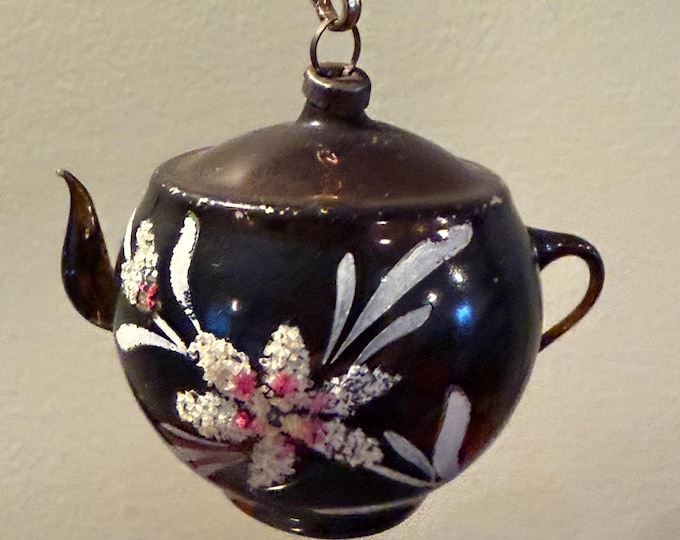 Vintage Dark Berry Tea Pot Ornament Hand Blown Hand Painted Flower Design on Maroon Teapot Ornament Lover Antiques and Vintage