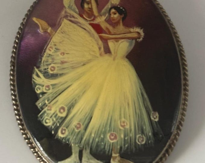 Fedoskino Russian Ballet Dancers Pin Mother of Pearl Lacquer German Silver Brooch RARE! Lover Antiques and Vintage