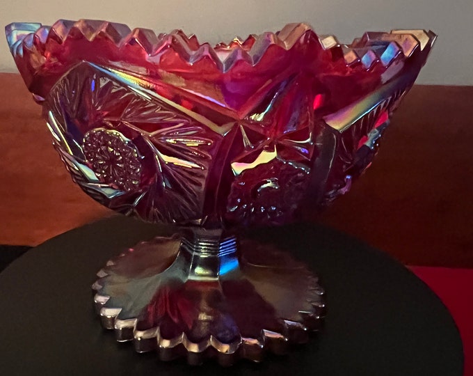 LE Smith Ruby Red Carnival Glass Footed Bowl, Heritage Aztec Ruby Red, Red Carnival Glass Bowl, Lover Antiques and Vintage