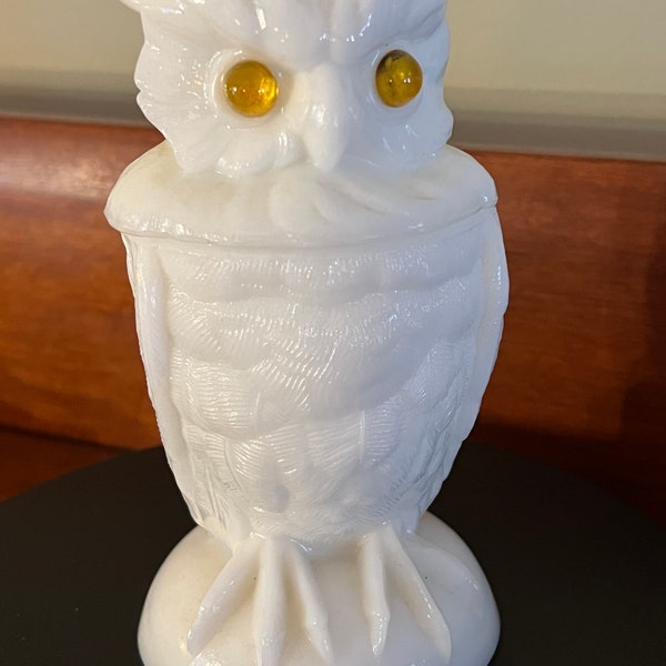 Vintage Imperial Glass White Owl Trinket Box, Owl Milk Glass Statue, Opaline Glass Owl with Yellow Eyes, Candy Dish, Lover Antiques