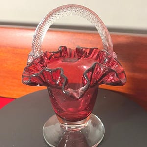 Vintage Fenton Cranberry Glass Ruffled Basket with Handle