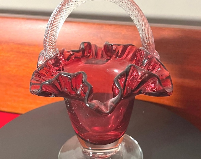 Vintage Fenton Cranberry Ruffled Basket with Handle with tags Pink Glass Vase Art Glass Elegant Edge Home Decor