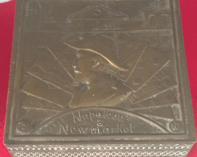 Antique Napoleon & Newmarket Brass Embossed Trinket Box or Tobacco Box Poker Chip Container Lover Antiques and Vintage