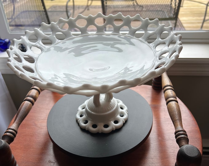 Vintage Westmoreland White Milk Glass Doric Lace Pedestal, Elegant Compote, Cake Plate Fruit Bowl Wedding Cake Display Stand Lover Antiques