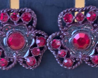 Vintage Judy Lee Ruby Red Flower Clip On Earrings