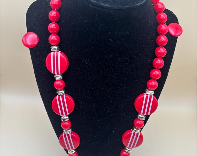 Vintage Monet Red & White Beaded Chunky Necklace and Earrings Set Necklace Lover Antiques and Vintage