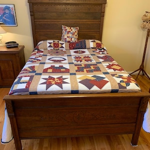 Antique Carved Oak Wood Full Size Bed Headboard, Footboard
