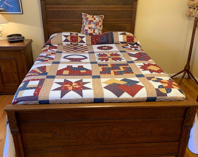 Antique Carved Oak Wood Full Size Bed Headboard, Footboard