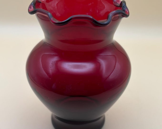 Vintage Ruby Red Ruffled Hand Blown Glass Vase With Curvy and Fluted Top Anchor Hocking Lover Antiques and Vintage