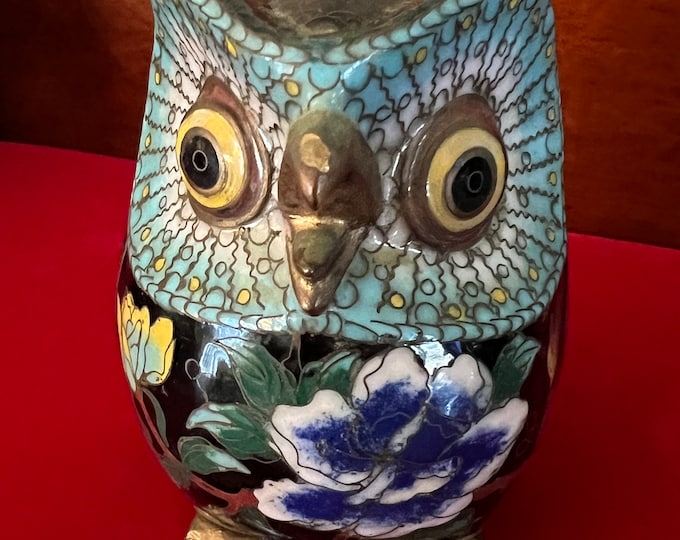 Vintage Cloisonné Enamel Owl Statue with Brass Base, Colorful Enameled Cobalt Blue Owl Figurine, Lover Antiques and Vintage