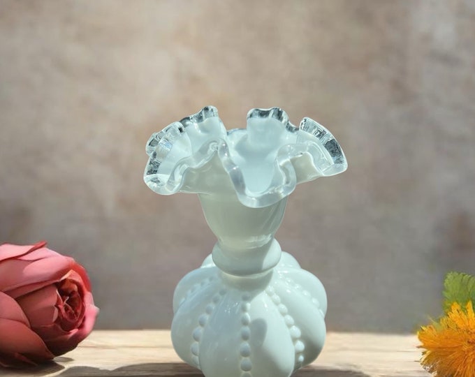 Vintage Fenton Silvercrest Beaded Melon Vase, Fenton White Milk Glass Vase, Lover Antiques and Vintage