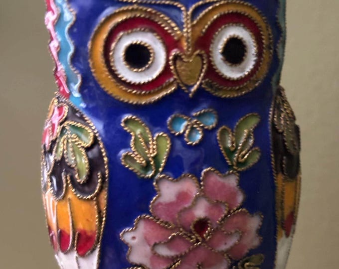 Vintage Cloisonné Brass Enameled Tall Standing Owl Statue Purple Pink Rose Enameled Owl Figurine Lover Antiques and Vintage