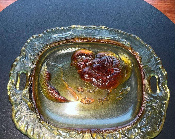 Vintage Amber Pressed Glass Plate with Chick Emerging from Egg Yellow Glass Art Small Plate Lover Antiques and Vintage