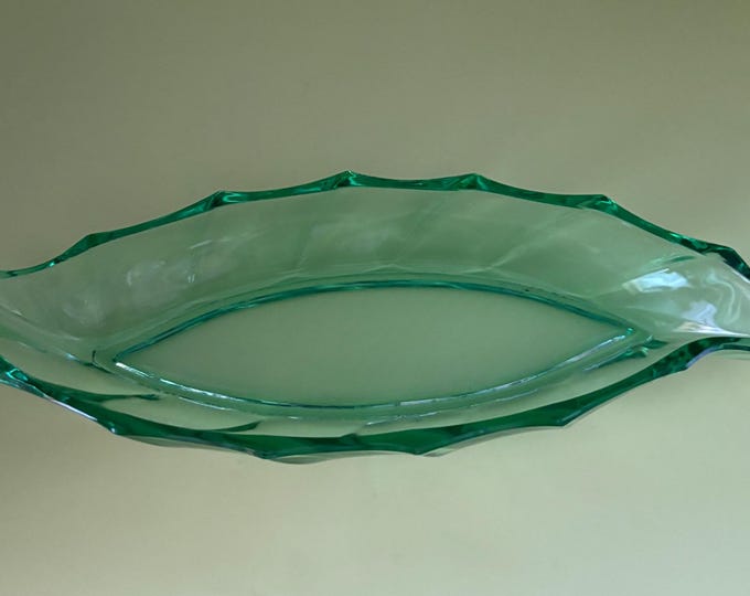 Antique Heisey Glass Green Leaf Bowl 10” long Lover Antiques and Vintage