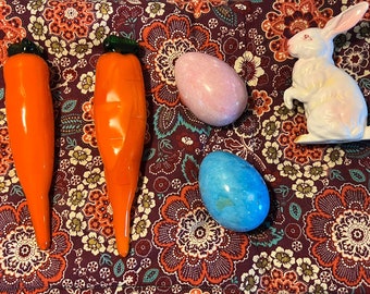 Vintage Easter Glass Art Set of 5 Carrots Rabbit Bunny Colored Marble Eggs