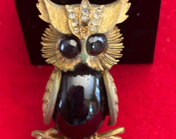 Mid Century Owl on a Tree Branch Brooch Pin, Featuring Swarvoski Crystals, Dark Blue Cabachon, Lover Antiques and Vintage