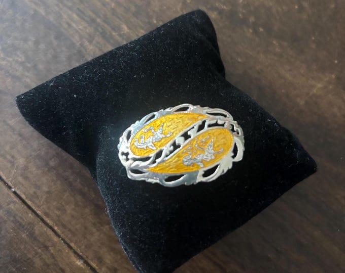 Sterling Silver with Yellow Enamel Siam Brooch, Thai Lady Goddess or Dancer Pin