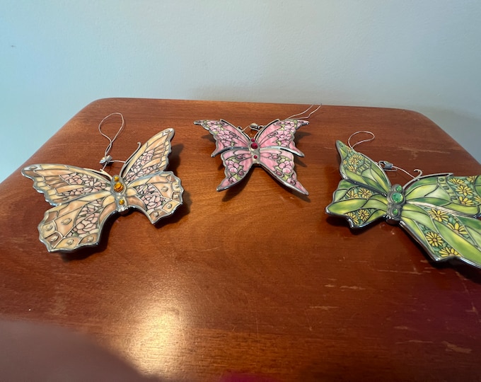 Vintage Bradford Editions Butterflies Silken Wings Porcelain Lot of 3 stained glass orange pink green butterfly Christmas ornaments Set #8