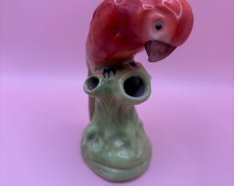 Vintage Czechoslovakia Red Parrot Figurine Pottery Planter Frog Figural Hand Painted Bird Vase Lover Antiques and Vintage