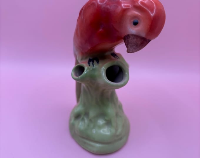Vintage Czechoslovakia Red Parrot Figurine Pottery Planter Frog Figural Hand Painted Bird Vase Lover Antiques and Vintage