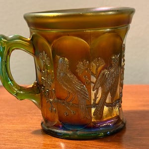 Antique Northwood Singing Birds Green Carnival Glass Mug Cup with Handle Lover Antiques and Vintage