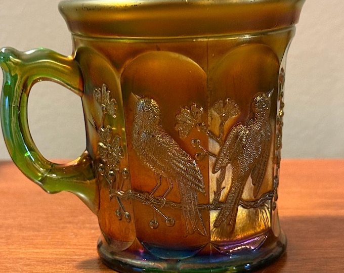 Antique Northwood Singing Birds Green Carnival Glass Mug Cup with Handle Lover Antiques and Vintage