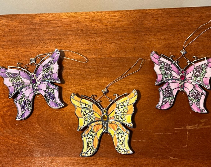 Vintage Bradford Editions Butterflies Silken Wings Porcelain Lot of 3 stained glass butterfly Christmas ornaments gift Set #2 Lover Antiques
