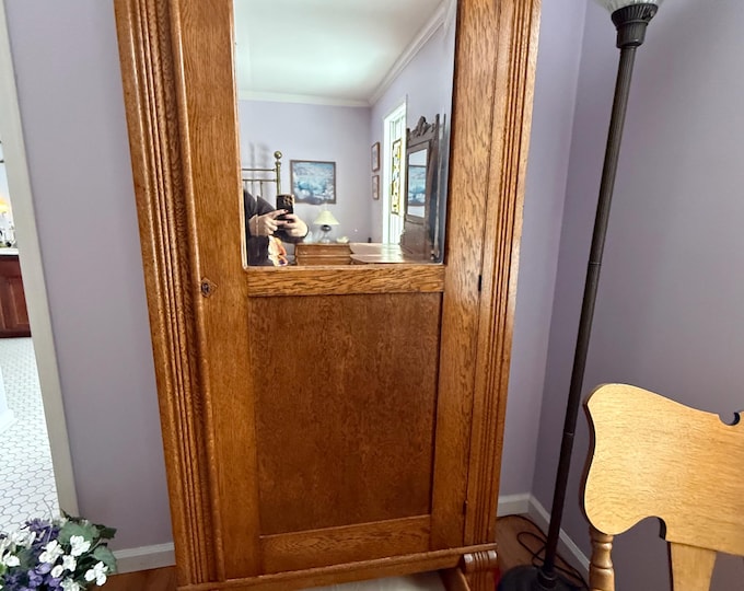 Antique English Tiger Oak Armoire with Mirror, Lover Antiques and Vintage