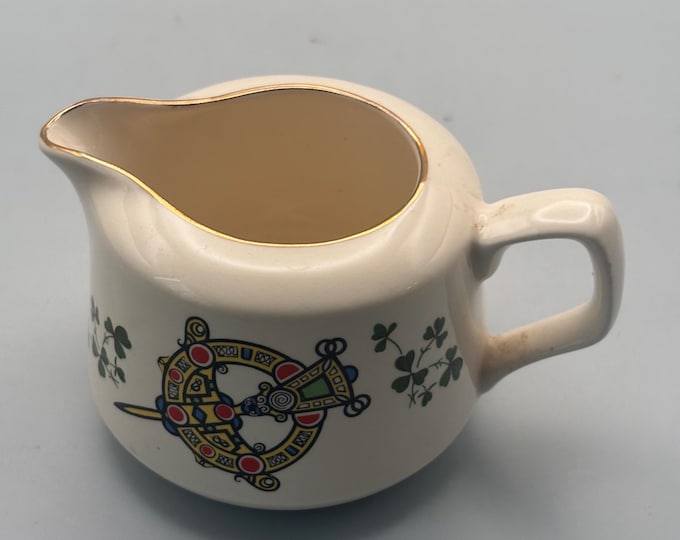 Vintage Carrigaline Pottery Creamer from Cork, Ireland, Decorative Celtic Brooch Design & Shamrocks