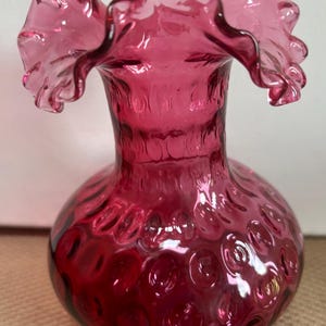 Vintage Fenton Cranberry Glass Vase Pink Ruffled Glass Art Pink Rose Vase Lover Antiques and Vintage