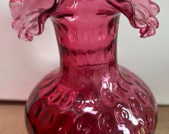 Vintage Fenton Cranberry Glass Vase Pink Ruffled Glass Art Pink Rose Vase Lover Antiques and Vintage