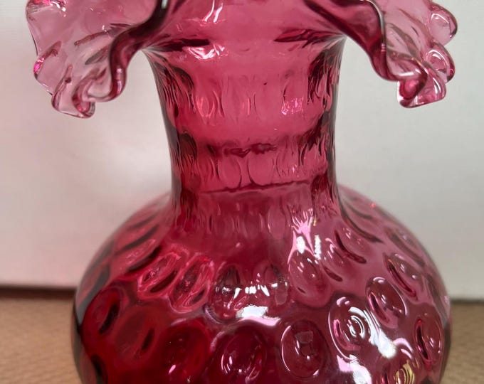 Vintage Fenton Cranberry Glass Vase Pink Ruffled Glass Art Pink Rose Vase Lover Antiques and Vintage