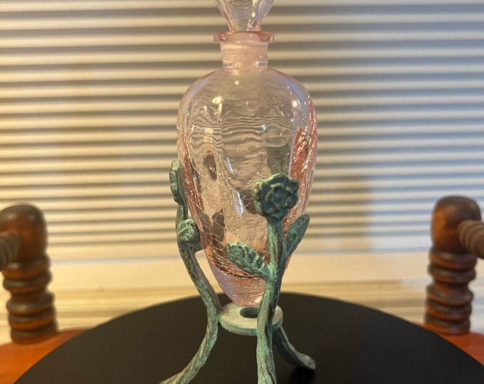 Vintage Pink Crackle Glass Perfume Bottle With Stopper, Green Metal Stand, Glass by Glass Act Studios Lover Antiques and Vintage