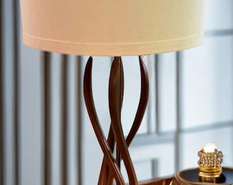 Mid Century Modern Sculpted Walnut Table Lamp, Twisted Wooden Base Wrapped Around Central Brass Rod