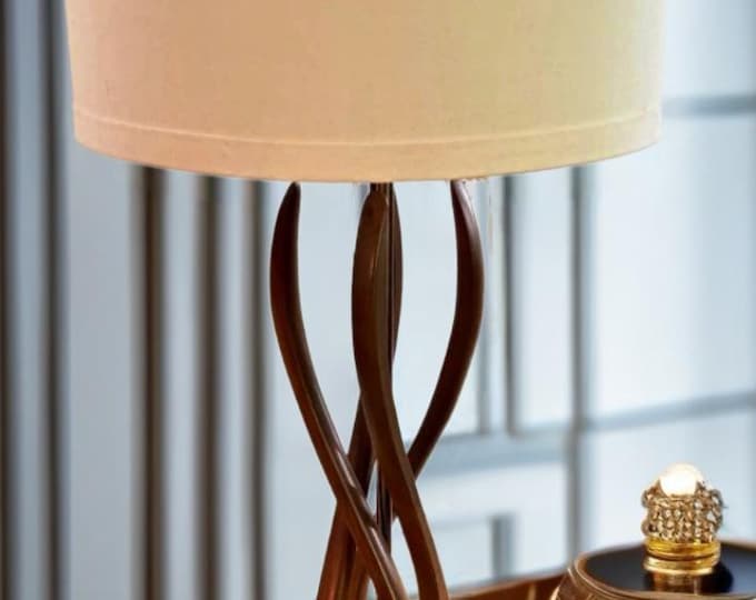 Mid Century Modern Sculpted Walnut Table Lamp, Twisted Wooden Base Wrapped Around Central Brass Rod