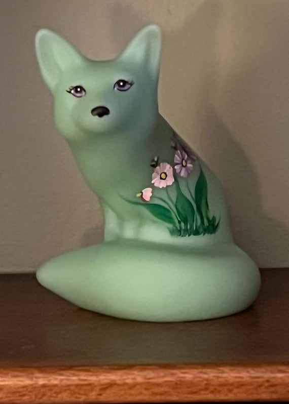 Fenton Green Hand Painted Fox Signed Lisa Van Es Art Glass